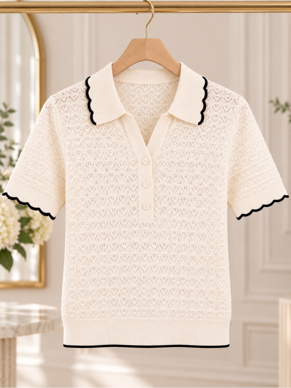 Adrianna Papell Cream Short-Sleeve Knit Polo with Black Trim - Picture 5 of 7